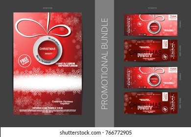Vector promotional bundle of Christmas party night poster with round lable, glow in the center, snowfall and tickets with shadow.