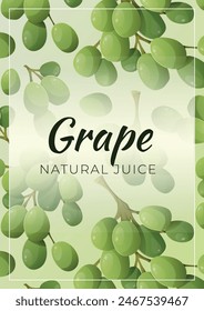 Vector promotional fruit banner. A4 leaflet with a background of a pattern with ripe green grapes. Juice packaging design.