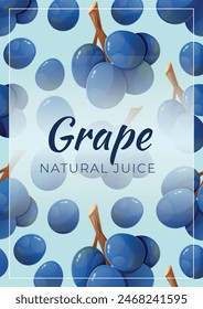 Anuncio promocional de frutas de Vector. Folleto A4 con fondo de un patrón con uvas azules maduras. Diseño de envases de jugo.