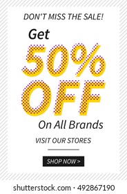 Vector promotional Get 50 percent off on all brands banner for online stores, websites, retail posters, social media ads. Creative layout for m-commerce, mobile promotions, retail sale materials.