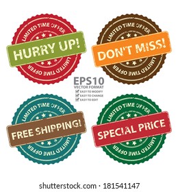 Vector : Promotional or Marketing Material, Sticker, Rubber Stamp, Icon or Label for Limited Time Offer Hurry Up, Don't Miss, Free Shipping and Special Price Event Isolated on White Background