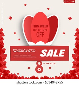 Vector promotional poster with insert in the form of red tulip cuted from paper for 8 of March - International Women's Day Sale with pattern from red clover leafs on the beige background.