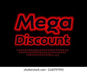 Vector promotional poster Mega Discount. Red electric Font, Neon Alphabet Letters and Numbers set