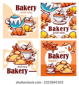 Vector promotional poster on the theme of tea and baking in a cartoon style.