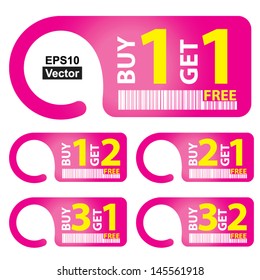 Vector : Promotional Sale Labels Set, Present By Pink Sale Tag With Buy 1 Get 1 Free, Buy 1 Get 2 Free, Buy 2 Get 1 Free, Buy 3 Get 1 Free and Buy 3 Get 2 Free Isolated on White Background 