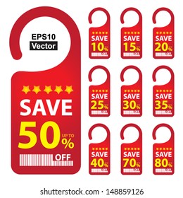 Vector : Promotional Sale Labels Set, Present By Red Save 10-80 Percent Off Tag Isolated on White Background 