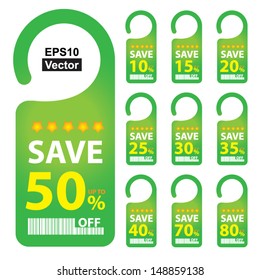 Vector : Promotional Sale Labels Set, Present By Green Save 10-80 Percent Off Tag Isolated on White Background 