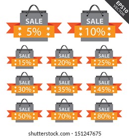 Vector :  Promotional Sale Labels Set, Present By Black Sale Shopping Bag With Orange 5-80 Percent Discount Ribbon Isolated on White Background 
