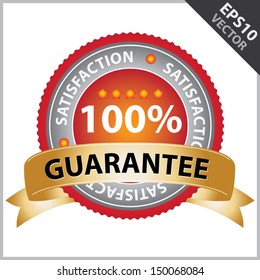 Vector : Promotional Sale Tag, Sticker or Badge, Present By Golden Guarantee Ribbon on Red Badge With 100 Percent Sign and Satisfaction Text Around Isolated on White Background 