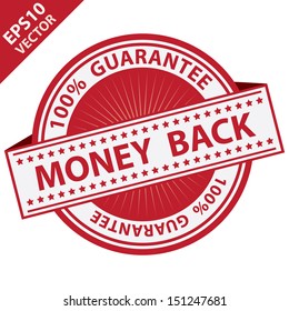 Vector : Promotional Sale Tag, Sticker or Badge, Present By Red Money Back Label With 100 Percent Guarantee Text Around Isolated on White Background 