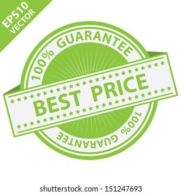 Vector : Promotional Sale Tag, Sticker or Badge, Present By Green Best Price Label With 100 Percent Guarantee Text Around Isolated on White Background 
