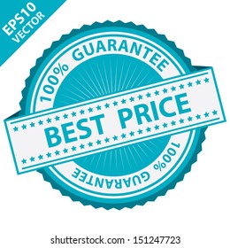 Vector : Promotional Sale Tag, Sticker or Badge, Present By Blue Best Price Label With 100 Percent Guarantee Text Around Isolated on White Background 