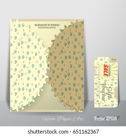 Vector promotional set of greeting paper envelope and gift voucher for Seasonal Sale with floral pattern which is leaning against the wall.