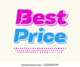 Vector promotional tag Best Price. 3D Violet Font. Creative set of Alphabet Letters, Numbers and Symbols