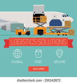 Vector promotional web banner template on logistics solutions and shipping company featuring freight cargo jet airplane loading, airport service vehicles and various containers, flat design