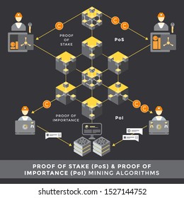 vector proof of stake PoS and importance PoI algorithms principal scheme infographic blockchain mining architecture technology digital business concept illustration
