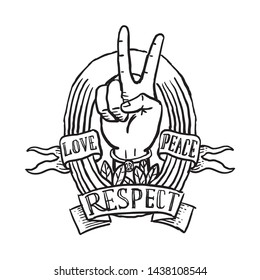 Vector propaganda vintage illustration, peace respect and love symbol emblem for T-shirt