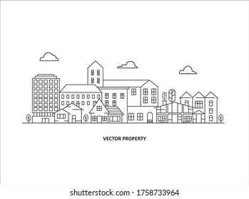 Vector Property Illustration. Sale and rent of commercial, private real estate. Working, business deals, contract. Business property investment. Buying, selling houses. Illustration thin line design.