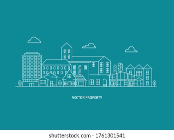 Vector Property Illustration. Sale and rent of commercial, private real estate. Working, business deals, contract. Business property investment. Buying, selling houses. Illustration thin line design.