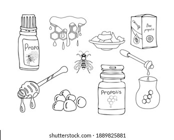Vector propolis set with honeybee, jar, honeycomb and propolis bottle isolated on white background. Doodle style illustration.