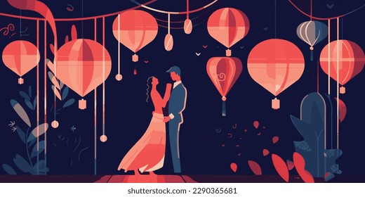 Vector proposal on a starry night and romantic intimate atmosphere wedding illustration 