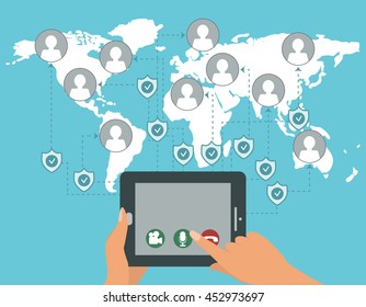 Vector protected web calls concept. WebRTC technology illustration. Social network, mobile security. Data protection.
