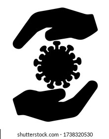 Vector protecting hands icon and COVID-19 virus. The concept of controlling the spread and infection of the coronavirus and the spread of the pandemic.