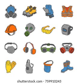 Vector protection clothing safety industry icons protective face and body equipment construction helmet, googles, mask and boots industrial mask for protect work life illustration