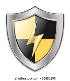 Vector Protection Icon - Glossy Black and Yellow Shield with Lightning