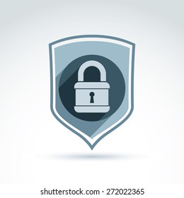 Vector protection shield with a padlock isolated on white background. Conceptual coat of arms symbol, security theme icon.