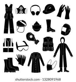 Vector protective uniform and equipment black monochrome icon. Professional clothing for work in contaminated areas, bio hazard or at dirty manufacturing. industrial safety wear, isolated illustration