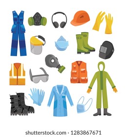 Vector protective uniform and equipment icon. Professional clothing for work in contaminated areas, bio hazard or at dirty manufacturing. Professtional industrial safety wear, isolated illustration