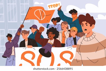 Vector protest or demonstration crowd. Flat people with SOS banner and waving flag. Element for march event. People group stand with sign. Civil rights activism and equality gathering, revolution.