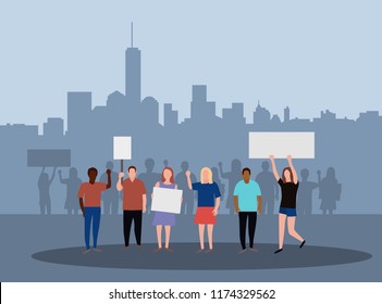 Vector protest illustration. Crowd of protesting people with banners. Group of  protesters and activists