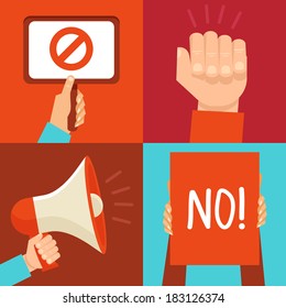 Vector protest signs and icons in flat style