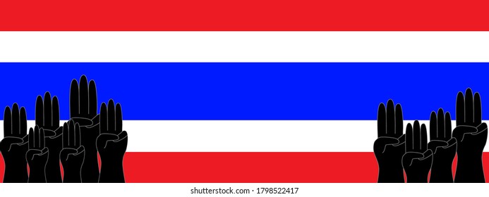 Vector - Protester zeigen drei Finger saluten auf thailändischem Hintergrund. Flaches Design. Anti, Freedom Konzept.