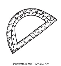 Vector protractor sketch. School doodles collection element. Icon on transparent backdrop.