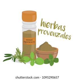 Vector provencal herbs illustration isolated in cartoon style. Spanish name. Herbs and Species Series