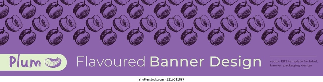 Banner con sabor a ciruela vectorial para pancarta vegana, fondo de etiqueta. Antecedentes dibujados a mano. Patrón de ciruelas sin costura. Empaquetado de alimentos para bebés de plantilla, diseño de etiquetas de jugo. Mermelada orgánica, pancarta de repostería.