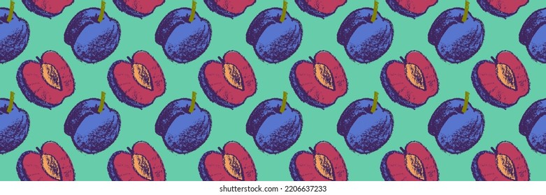 Vector Prune pattern seamless for vegan banner, diary backdrop. Hand drawn plum background. Wallpaper for baby food packaging, juice label design. Violet French plum pattern for organic jam package.