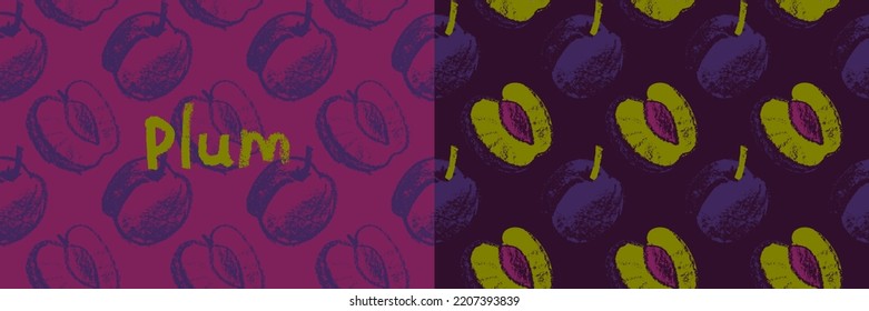 Vector Prune pattern seamless for vegan banner, diary backdrop. Hand drawn plum background. Wallpaper for baby food packaging, juice label design. Violet French plum pattern for organic jam package.