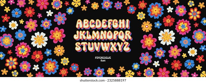 Vector psychedelic alphabet. Groovy psychedelia fun hand drawn font. Trippy simple geometric design template. Boho style ABC. Dope euphoria typeface. Positive vibes hippie letters on floral background