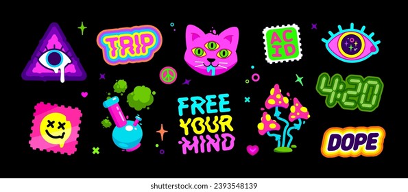 Vector Psychedelic Art, acid colors and surreal stickers 1. Cartoon psyhedelic mushroom, cat character, bong, acid. Abstract surrealism bright sticker. Holutination trip set for badge and patch dsgn

