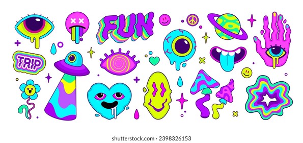 Vector Psychedelic Art, acid colors and surreal stickers 4. Cartoon psyhedelic mushroom, UFO beam , liquid eye, acid. Abstract surrealism sticker set. Psychedelic elemets for t-shirt print design 