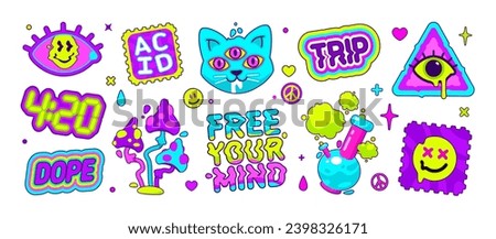 Vector Psychedelic Art, acid colors and surreal stickers 3. Cartoon psyhedelic mushroom, cat character, bong, acid. Abstract surrealism sticker set. Psychedelic elemets for t-shirt print design