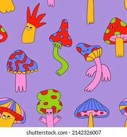 vector psychedelic art - seamless pattern with mushroom characters.Funky vibrant fungus ornament.Vibrant square textile with cap dudes characters.Hippiewallpaper in the style of the 70s and 80