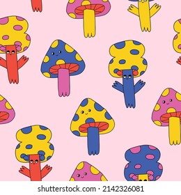 vector psychedelic art - seamless pattern with mushroom characters.Funky vibrant fungus ornament.Vibrant square textile with cap dudes characters.Hippiewallpaper in the style of the 70s and 80