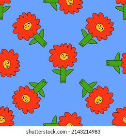 vector psychedelic art - seamless pattern with hippie flowers.Funky and groovy floral ornament.Vibrant square textile with flowers dudes characters.Kitsch wallpaper in the style of the 70s and 80s.