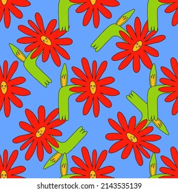 vector psychedelic art - seamless pattern with hippie flowers.Funky and groovy floral ornament.Vibrant square textile with flowers dudes characters.Kitsch wallpaper in the style of the 70s and 80s.