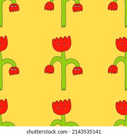 vector psychedelic art - seamless pattern with hippie flowers.Funky and groovy floral ornament.Vibrant square textile with flowers dudes characters.Kitsch wallpaper in the style of the 70s and 80s.